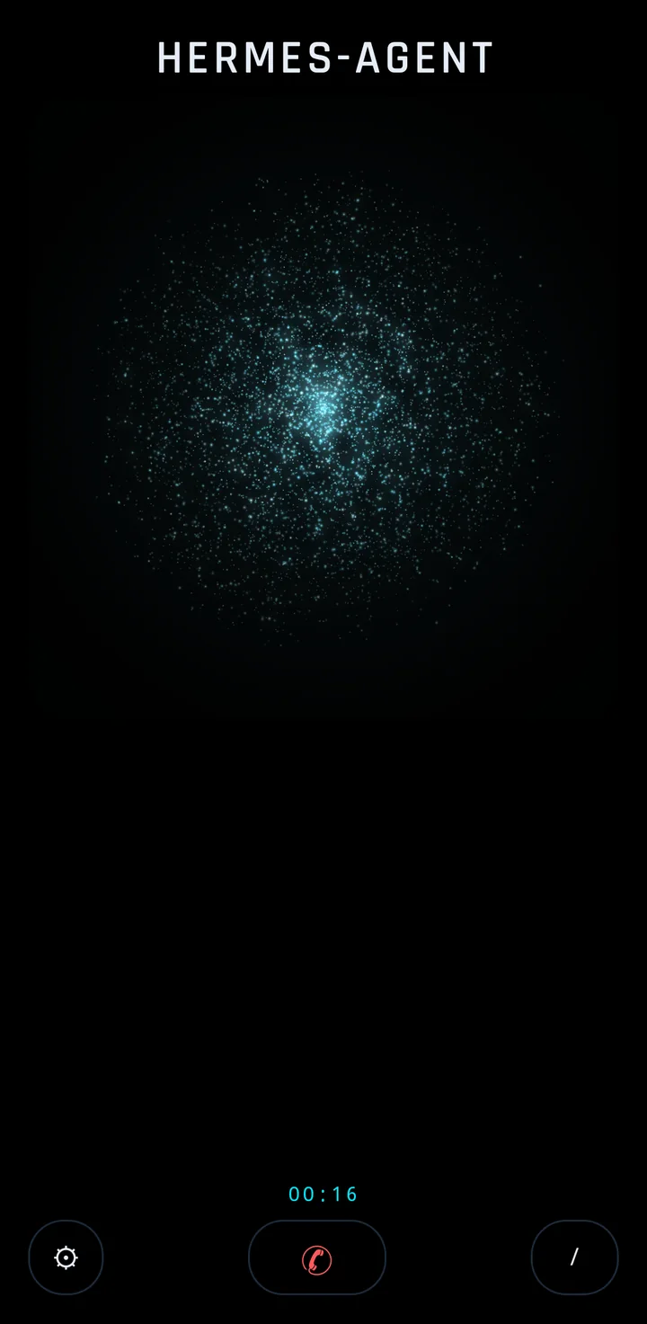 Hermes Vox during an open call: a quiet cyan nebula of light on true black, with the call timer below