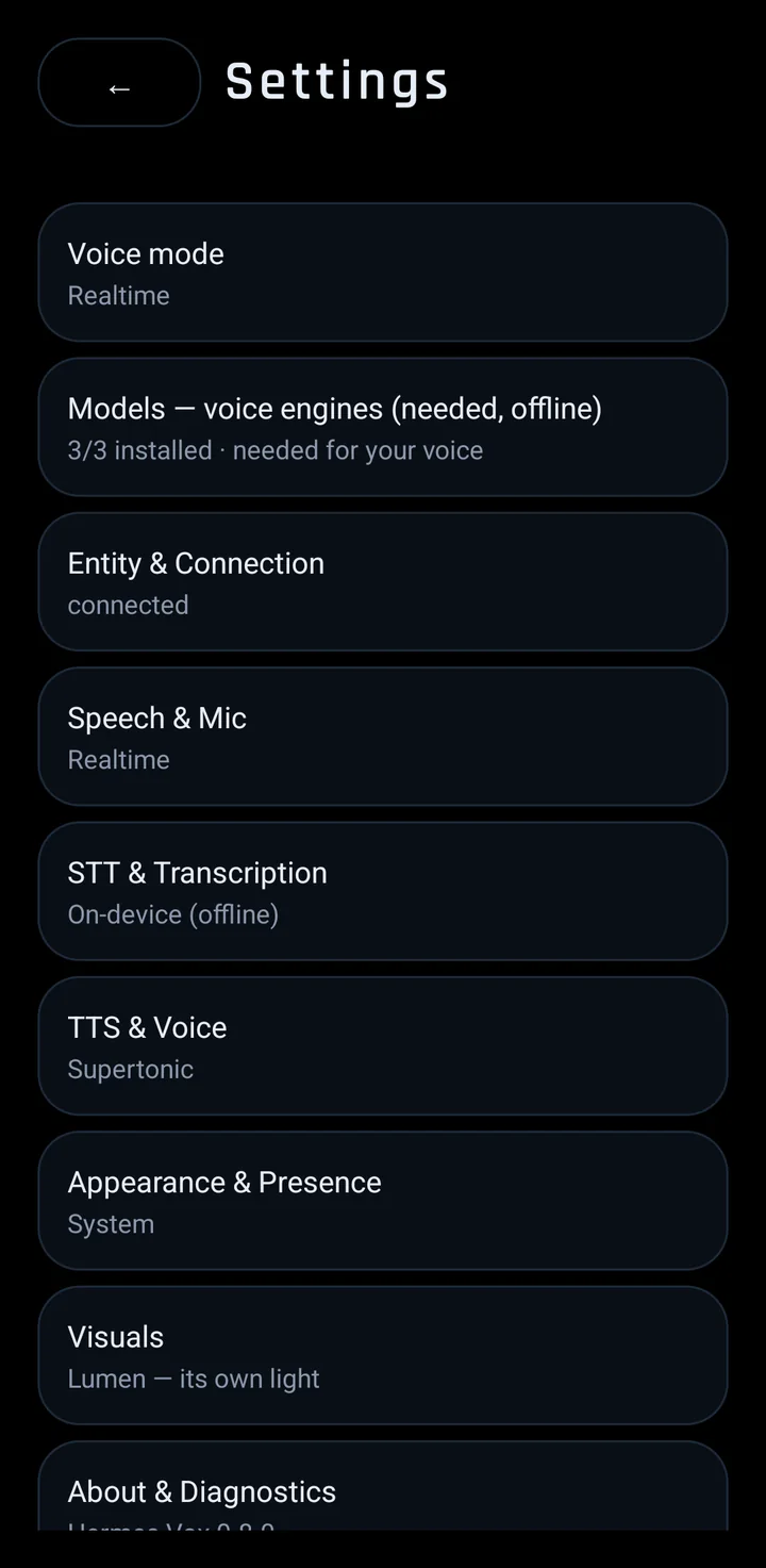 Hermes Vox settings: voice mode, models, entity and connection, speech and mic, transcription, voice, appearance, visuals