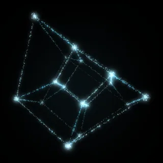 The tesseract shape, drawn in cyan points of light