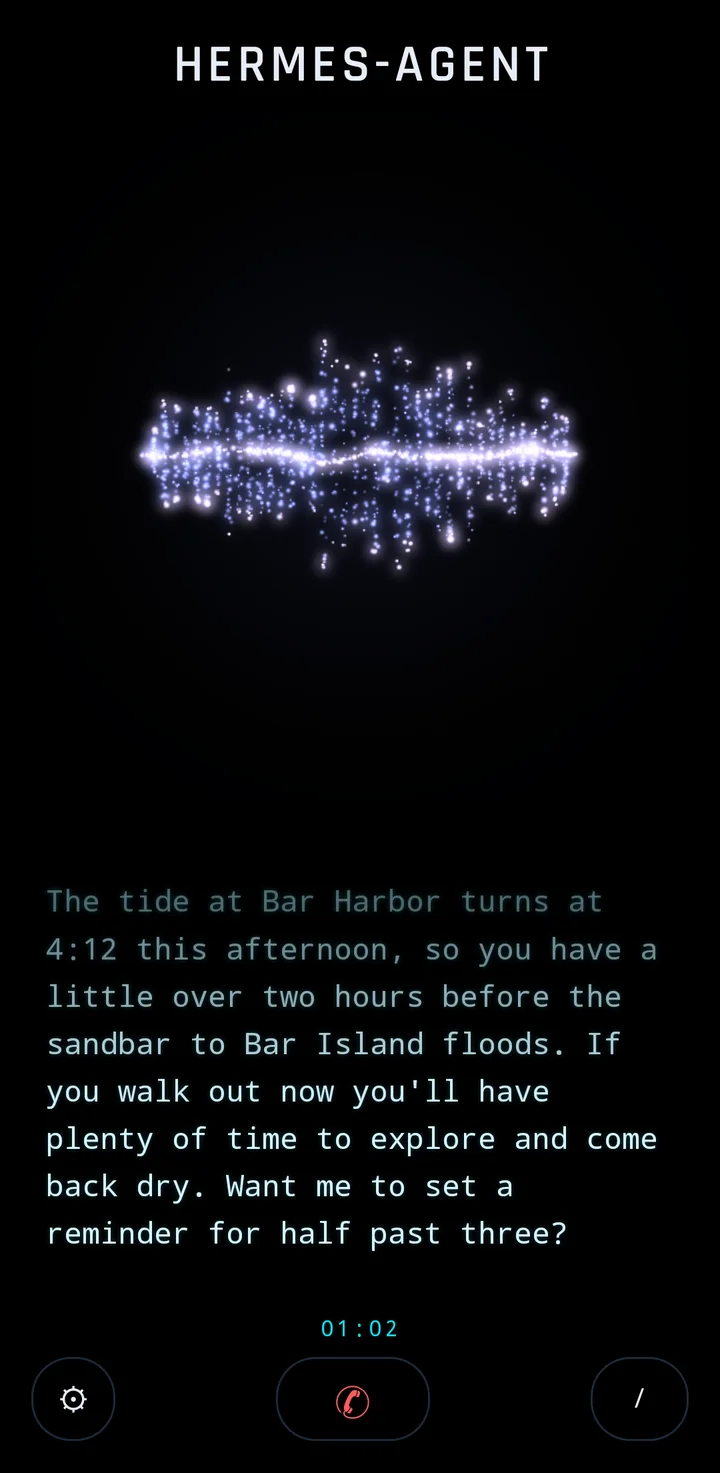 Hermes Vox speaking: the being becomes a violet soundwave while the reply scrolls beneath it in monospace